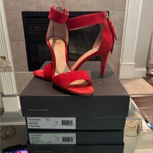 Vince Camuto Red Suede Ankle-Strap Sandals with Tassel